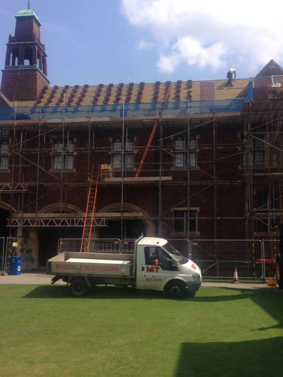 MT Roofing and Scaffolding working on a large Cambridge school roof